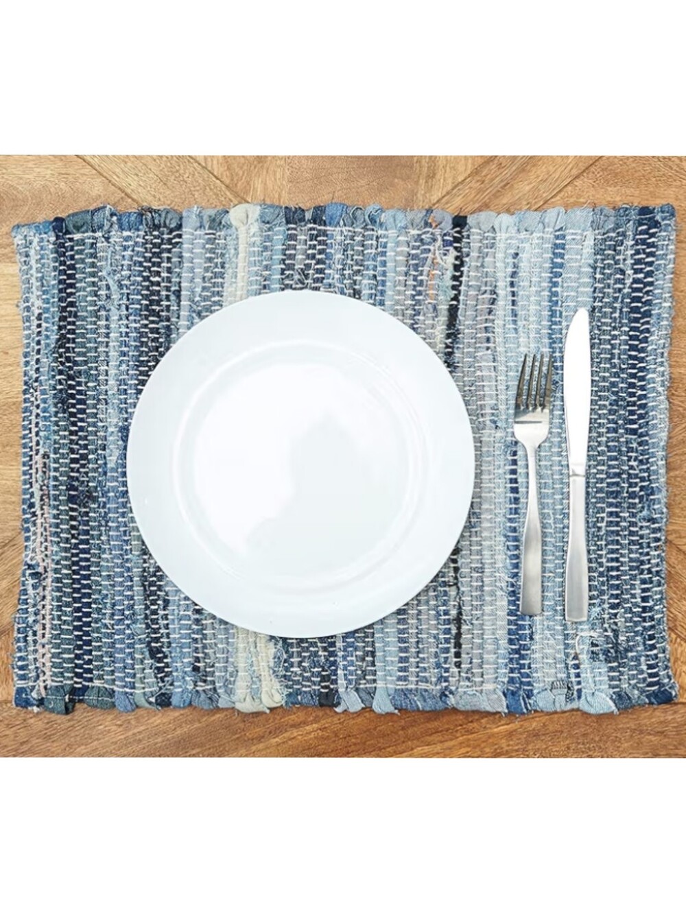 C&F Home NWT 4-Pc Denim Cotton Blend Chindi Placemats In Blue 19"x13"